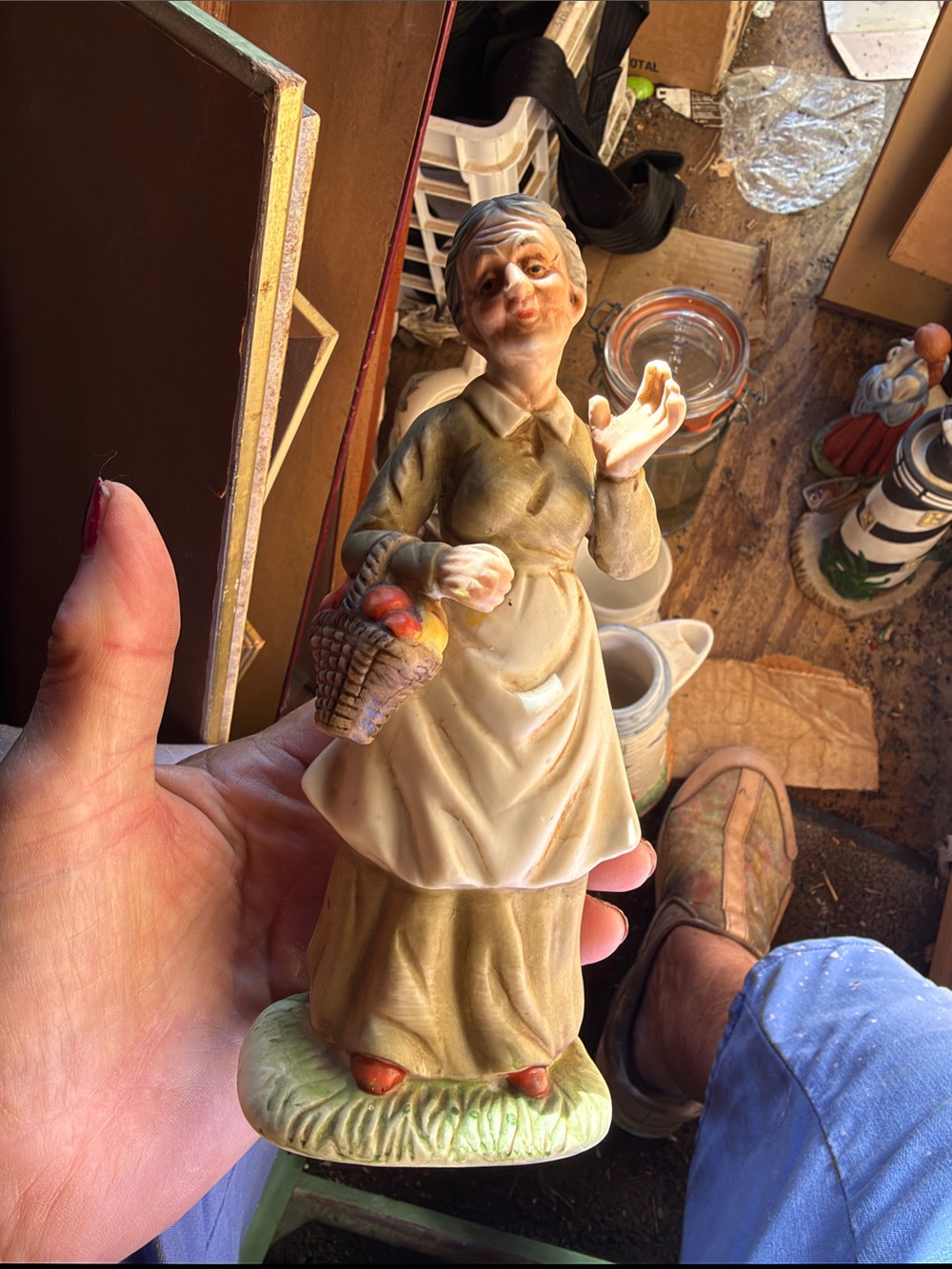 Vintage Hand-Painted Ceramic Harvest Woman Figurine in Cream and Brown
